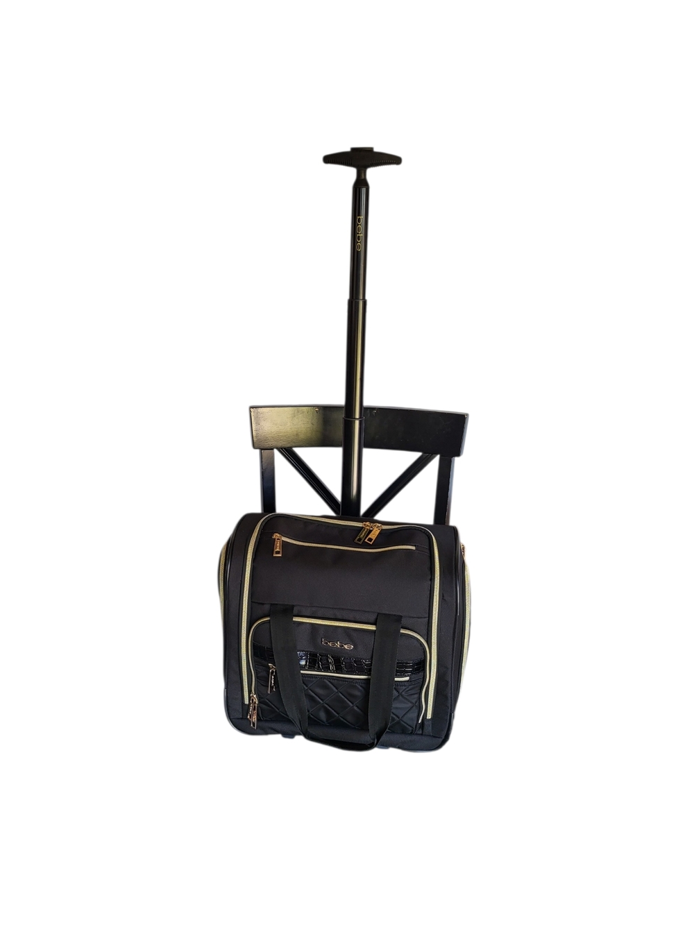 Bebe Underseat Rolling Travel Bag Black Weekend Carry On Gold Hardware - Picture 2 of 8